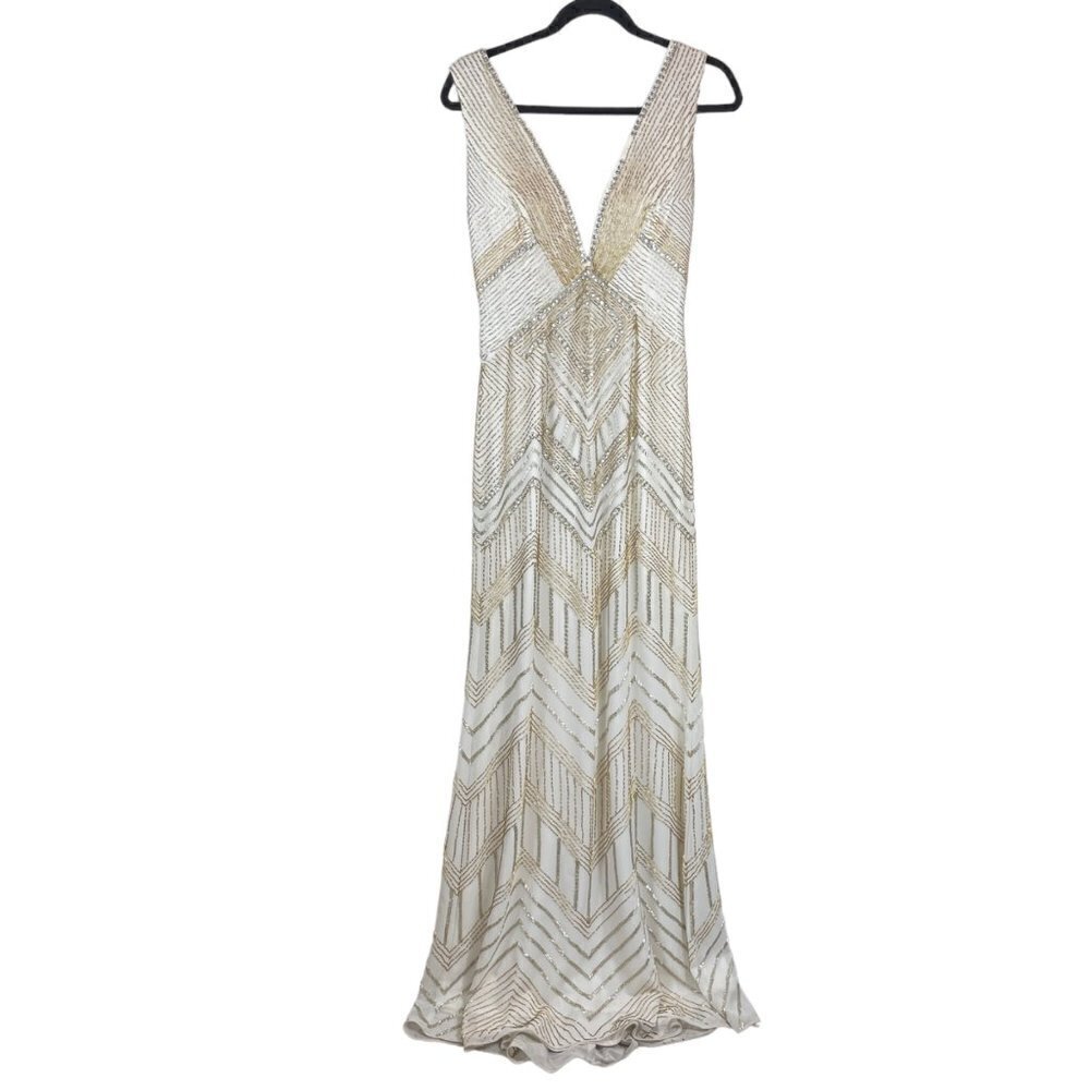 Jovani Beaded Sequins Plunging Neck Long Evening Prom Dress Ivory Size 6